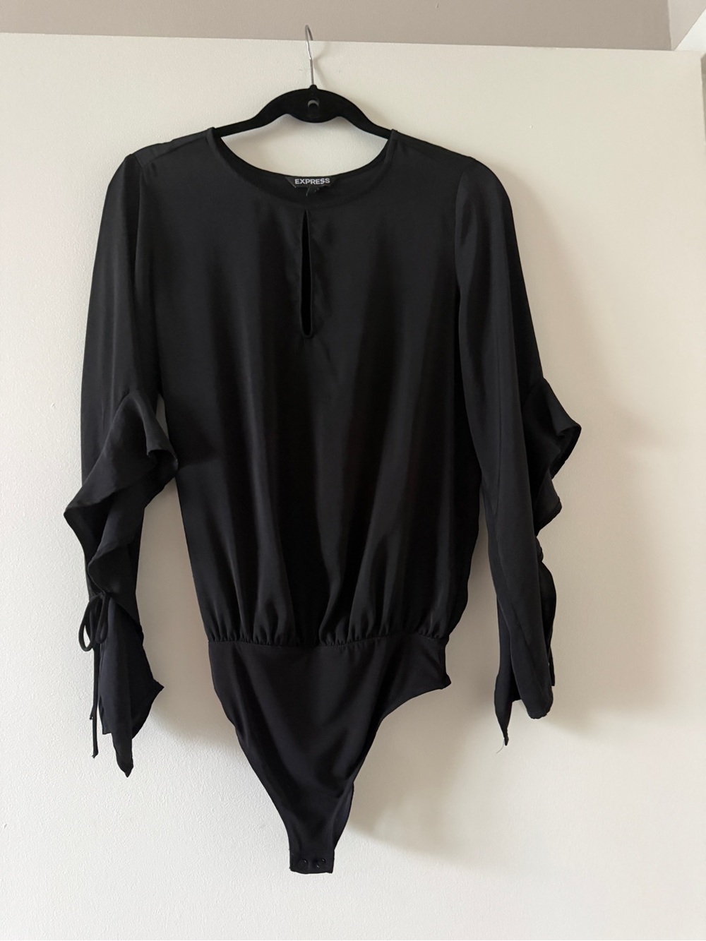 Express Black Long-Sleeve Ruffle Tie Bodysuit